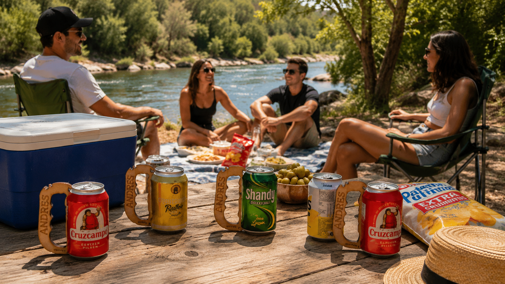 Amigos alrededor de una mesa con latas y Asa_Lata